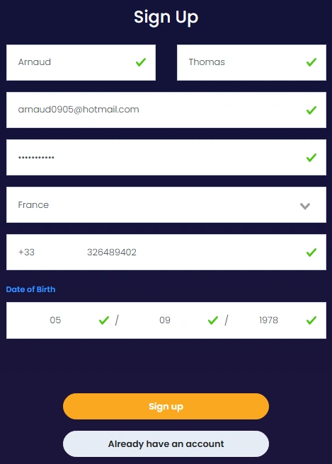 Formulaire d'inscription Lucky Treasure Casino